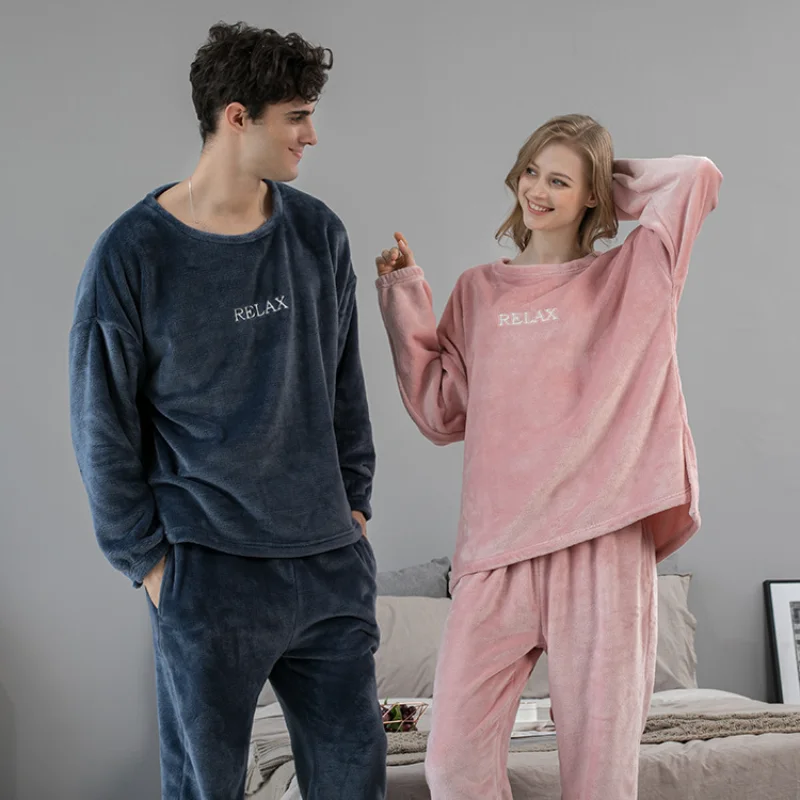

Flannel pajamas women's autumn and winter warm suit coral fleece pajamas plus velvet plus velvet couples home service