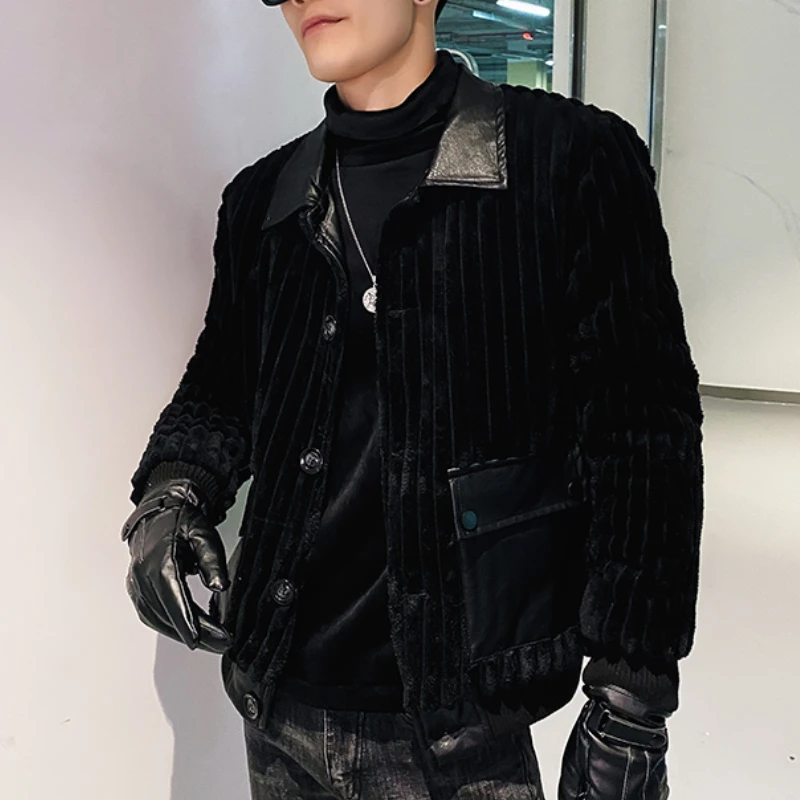 2022 Winter Corduroy PU Patchwork Jacket Men Fashion Streetwear Parka Jackets Lapel Slim Casual Business Overcoat Men Clothing