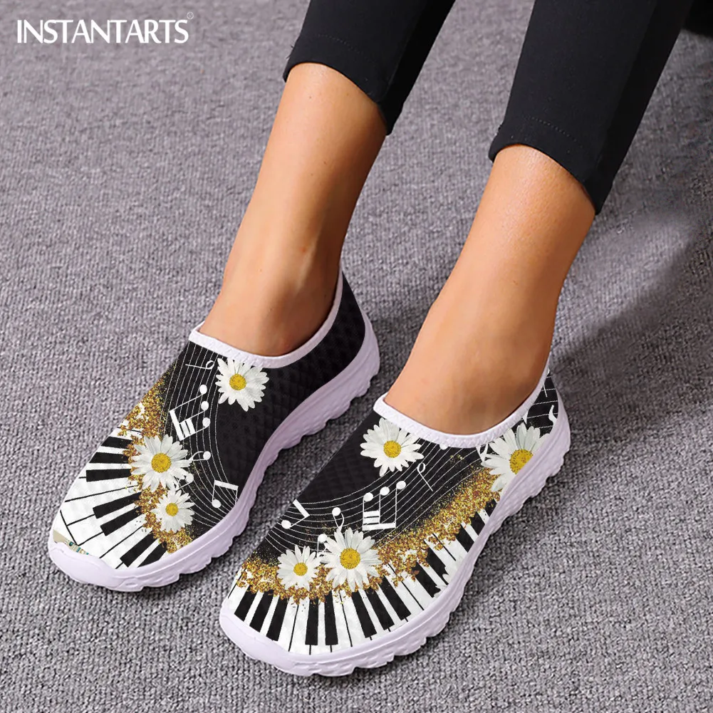 Women's Slip-on Flats Little Daisy Piano Design Ladies Mesh Shoes Wear Resistant Casual Tennis Shoes Female Loafers Custom Shoes