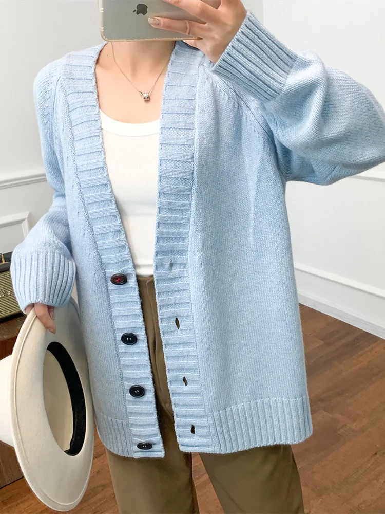 

Women Cardigan Ribbed Trim V-Neck Single Breasted Long Sleeve Sweet Knitted Sweater