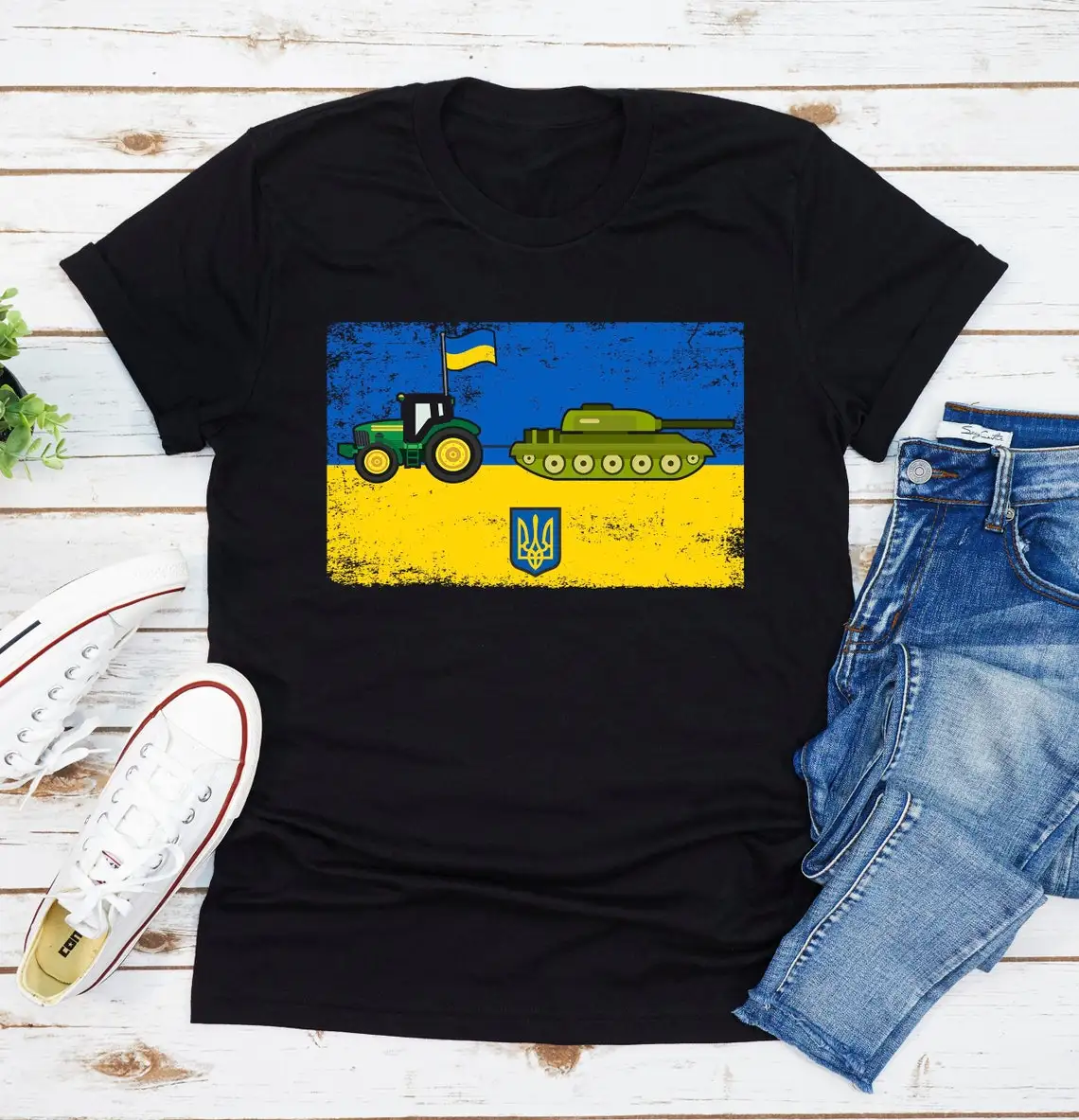 

Ukrainian Flag Ukraine Farmer Tractor Steals Tank T Shirt. Short Sleeve 100% Cotton Casual T-shirts Loose Top Size S-3XL
