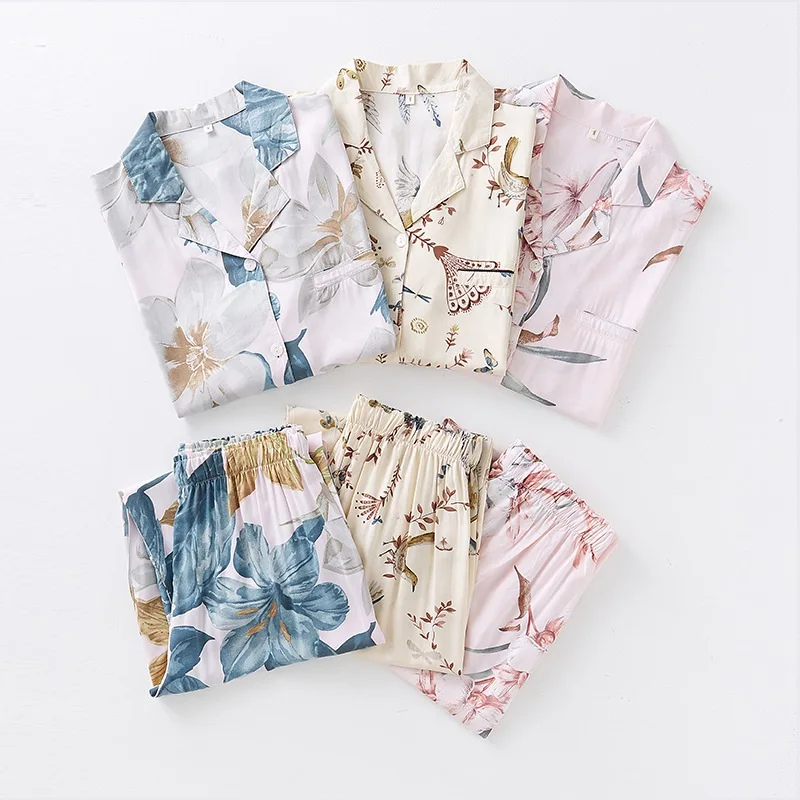 Elegant Floral Print Cotton Viscose Pajamas Long-sleeved Trousers Casual Home Wear Cartoon Pijamas Women Sleepwear
