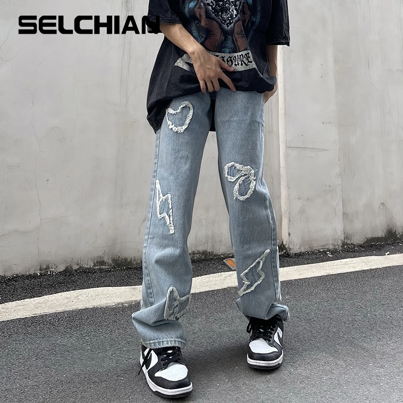 

High Street Love Embroidery Retro Vibe Fringe Jeans Pants Men and Women Straight Oversize Straight Casual Baggy Denim Trousers