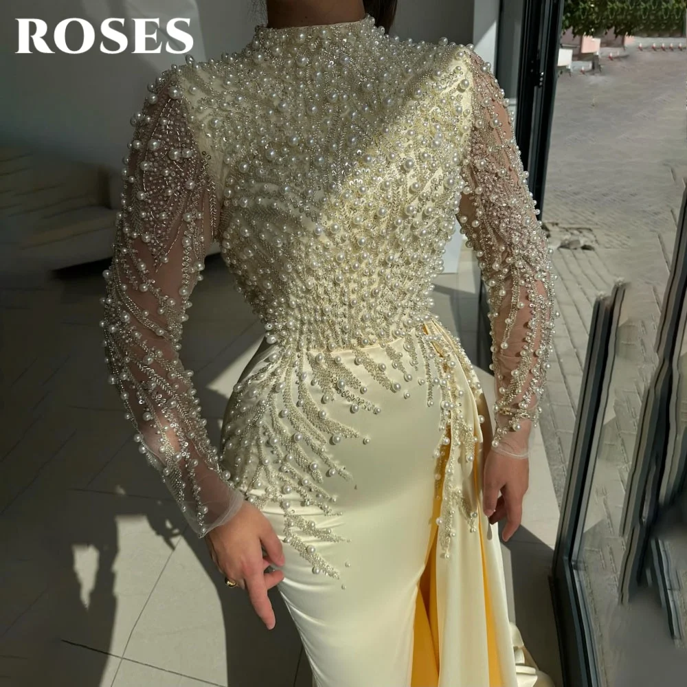 Фото Желтое вечернее платье ROSES с бисером и жемчугом, сексуальное платье-труба с длинными рукавами, нарядное платье для выпускного вечера, вечеринки, баловое платье, на заказ №2