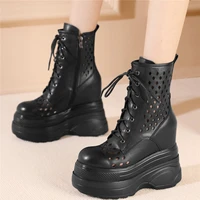 summer fashion sneakers women hollow genuine leather high heel ankle boots female lace up round toe platform pumps casual shoes