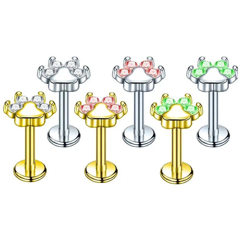 

Paws Print Labret Piercing Lip Screw Stud Zircon Daith Tragus Conch Earring Internal Thread Piercing 316L Surgical Stainless Ste