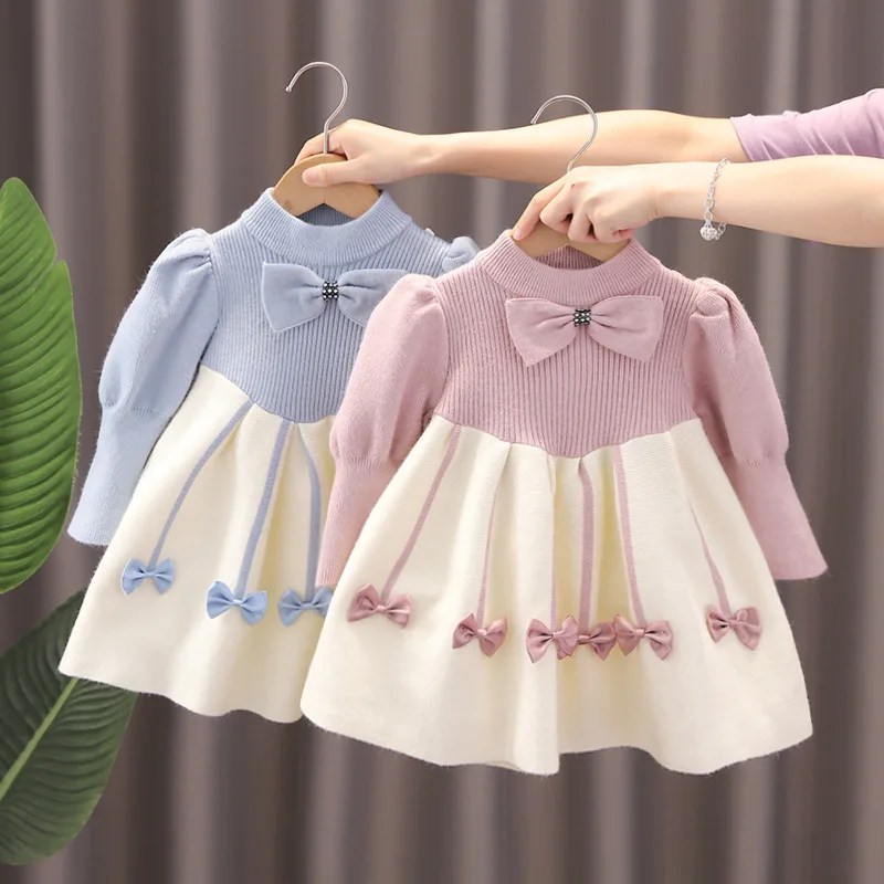 

Autumn Winter Clothes New Year New Girl Baby Bow Knit Princess Dress Fashion Children Puff Sleeves Plus Fleece Sweater Dresses