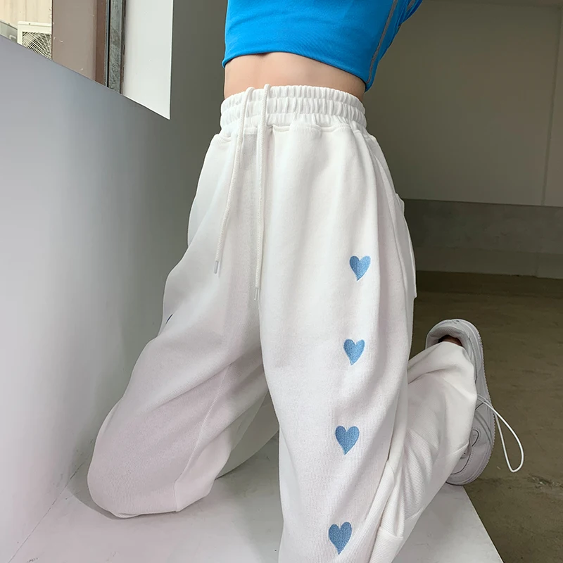 Leggings Loose Love Embroidered Straight  White Sports Pants Women's Trousers Summer 2023 New Casual High Waist Wide Leg Pants