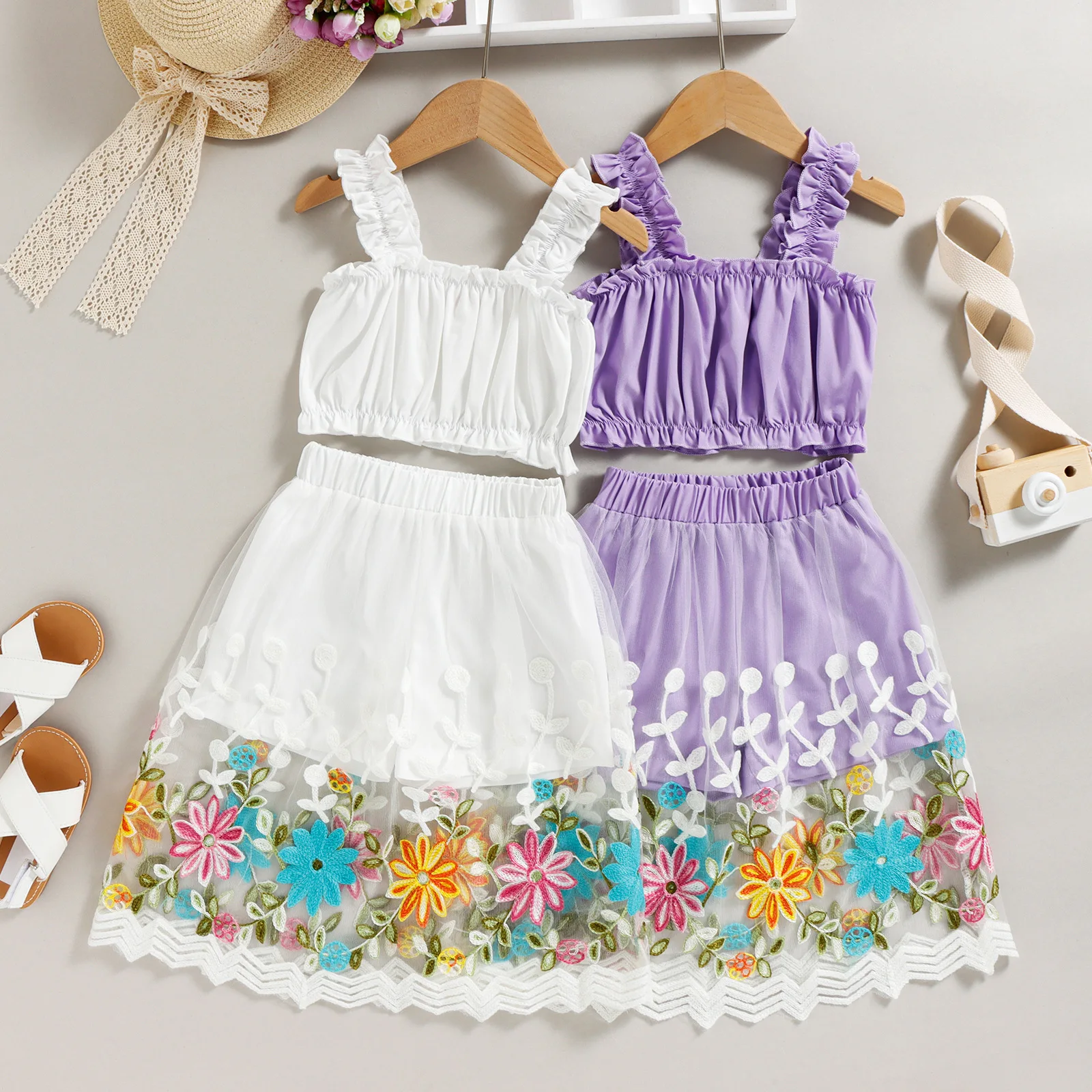 

2023 New Women's Summer Beach Style Sling Embroidered Flower Gauze Skirt Two-piece Suit New Born Baby Girl Clothes