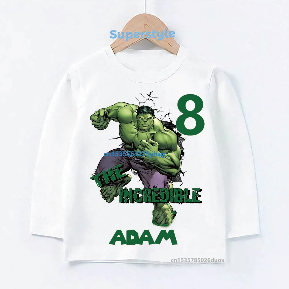 

2023 Autumn New 2 3 4 5 6 7 8 Year Hulk Custom Name Birthday Boy Long Sleeve T-shirt Kid MARVE Hulk Birthday Boy Bottoming Shirt