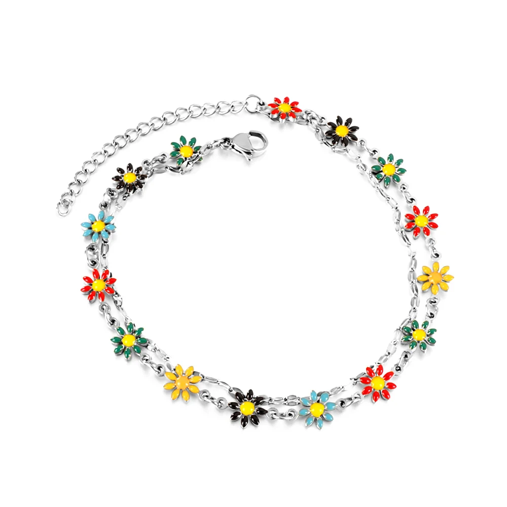 

Double Layers Chain Daisy Flower Charm Ankle Bracelets For Women Girls Stainless Steel Beach Accessories Barefoot Jewelry Gift