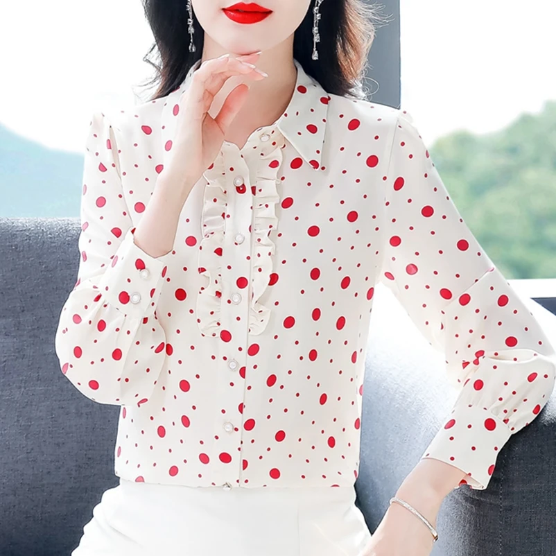 

M-4XL Ruffles Elegant Shirt Women's Long Sleeve 2023 Autumn New Style Wave Dot Office Lady Top Female Loose Casual Blouse