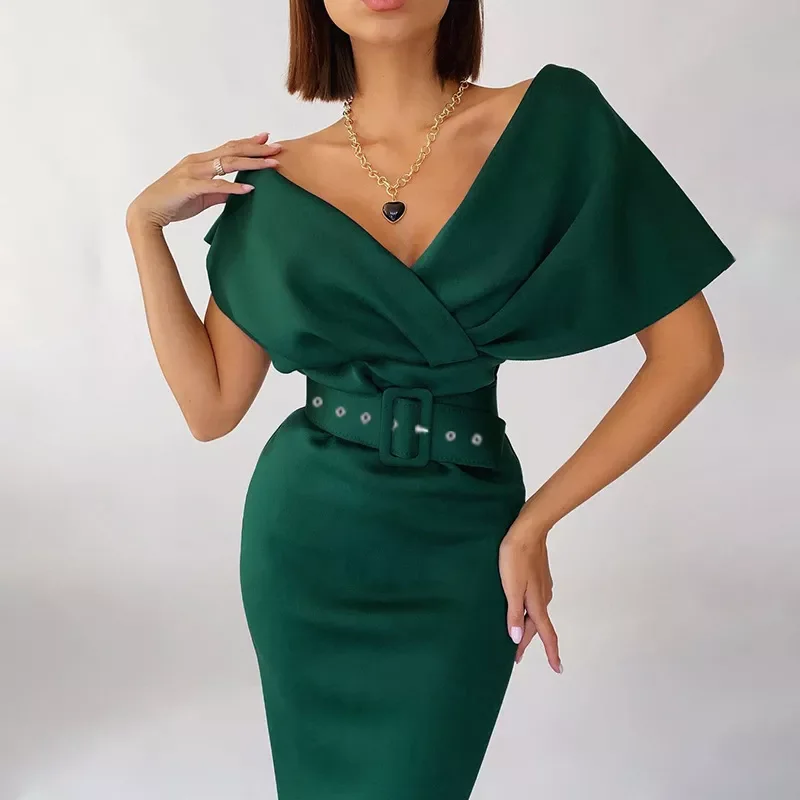 

V-neck Off the Shoulder Elegant Dress for Women 2022 Summer Evening Party Bodycon Midi Dress With A Belt Black White Dresses