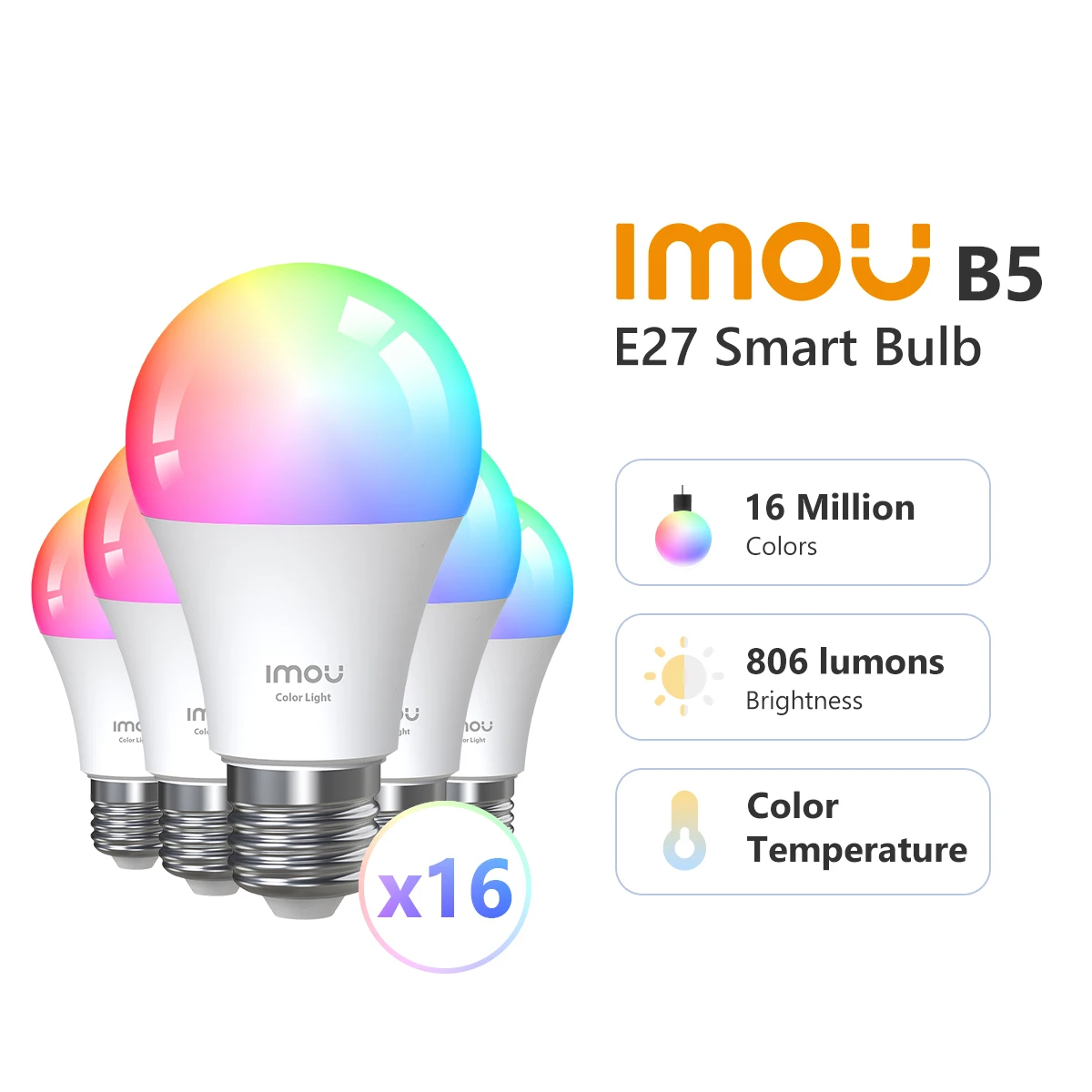 

Умная Светодиодная лампа IMOU B5, 16 шт., E27, 220 В, RGB, лампа с теплым/холодным белым свесветильник, функция голосового управления Alexa Google Home Assistant