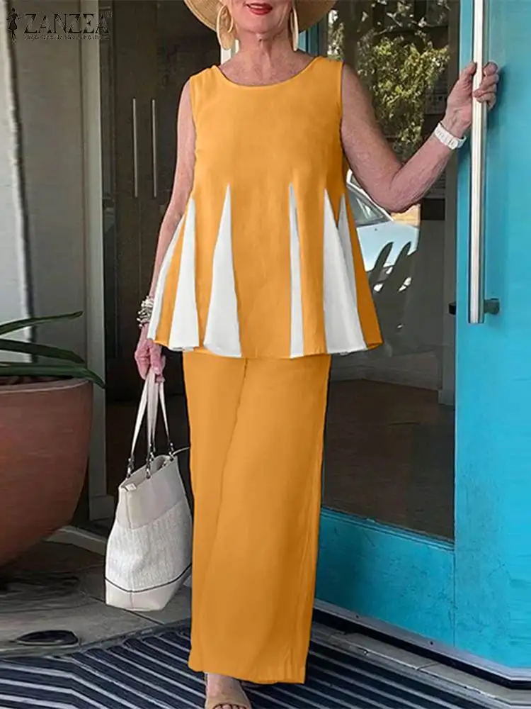 

ZANZEA Fashion Elastic Waist Pant Outfits Colorblock Sleeveless Tops Matching Sets Vintage Women Suits Pockets Casual 2PCS Sets