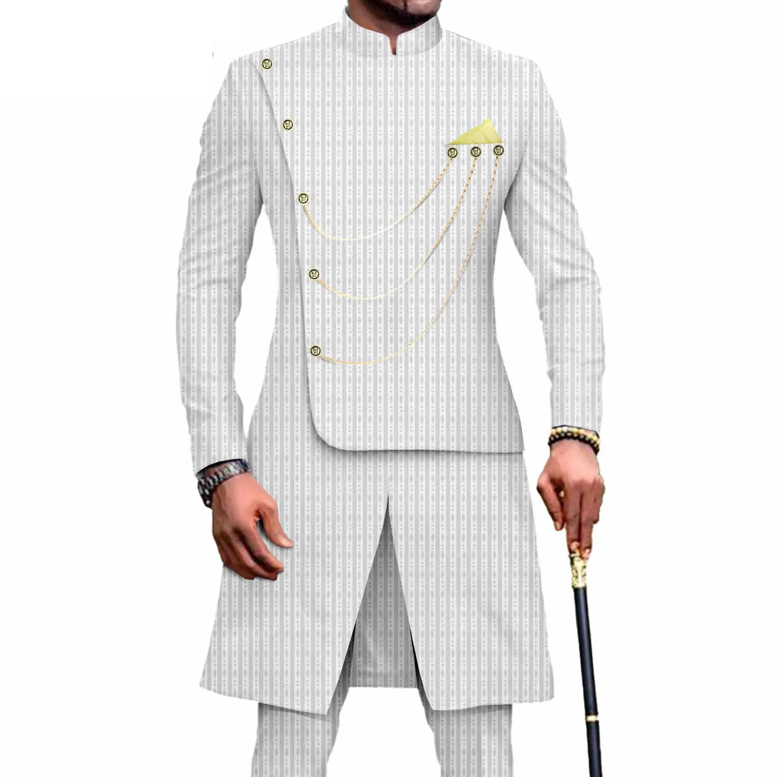 

Костюм Африканский для мужчин, однобортный Дашики, с цепочкой, пиджак и брюки, комплект из 2 предметов с косым носком, официальная одежда, свадебная мода