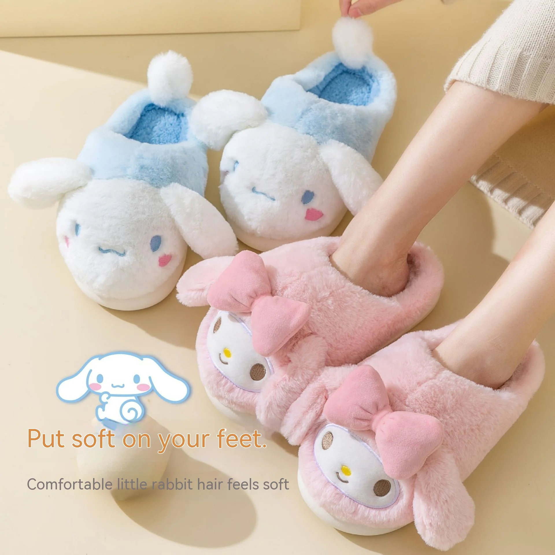 

Kawaii Sanrio Cinnamoroll My Melody Plush Women Cotton Slippers Anti-Skid Keep Warm Autumn And Winter Indoor Home Plushies Shoes