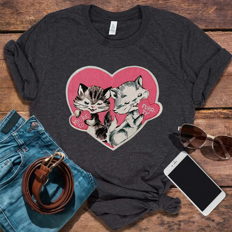 

Retro Valentines Day Shirt Cat Valentine Shirt Gift for Cat Lovers Comfort Tee Vintage Valentines Gift for Her Women Tops L
