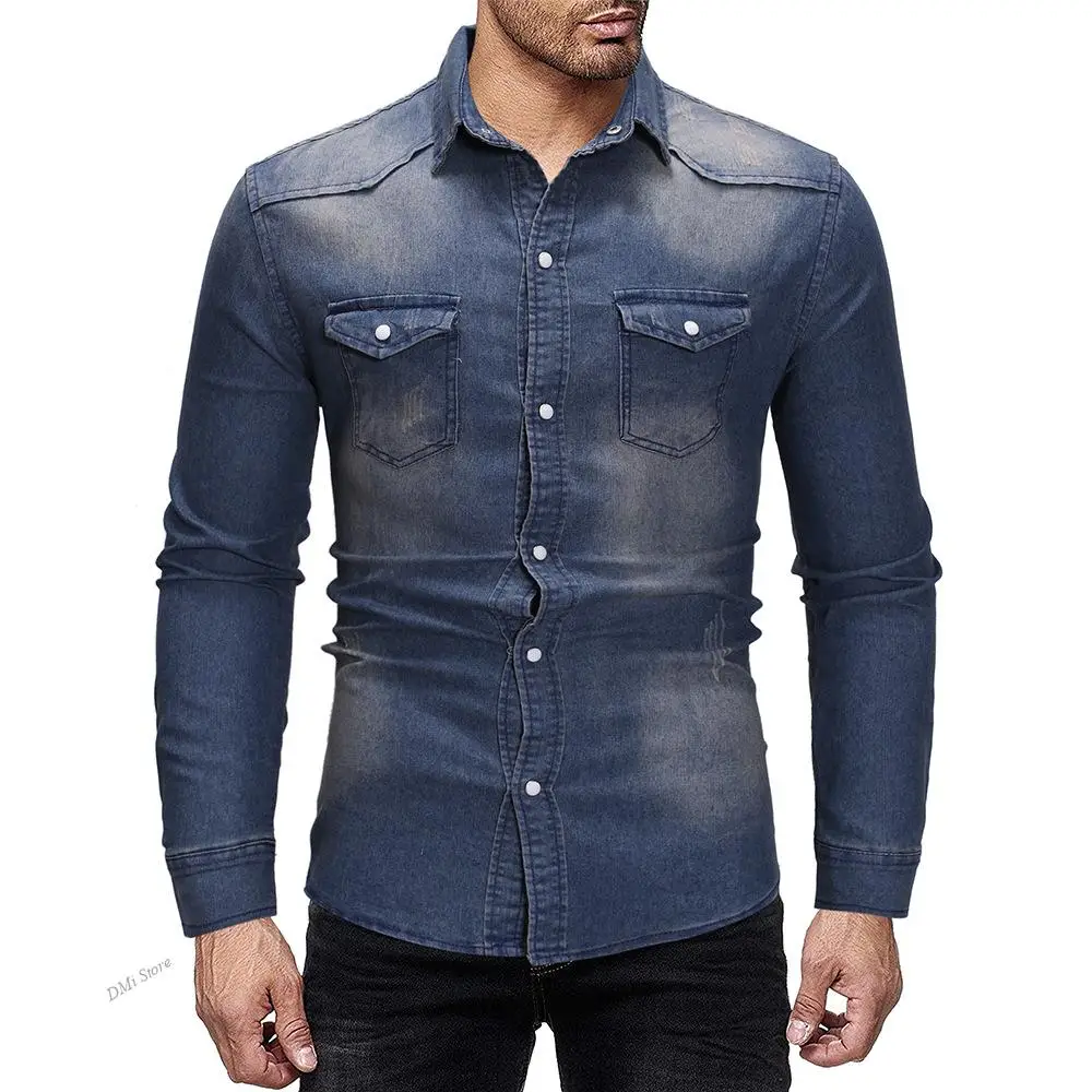 

DIMI Cotton Jeans Overshirt Slim Fit Long Sleeve Stylish Gray Washed Cowboy Shirts Tops Plus Size M-3XL Fashion Denim Shirt Men