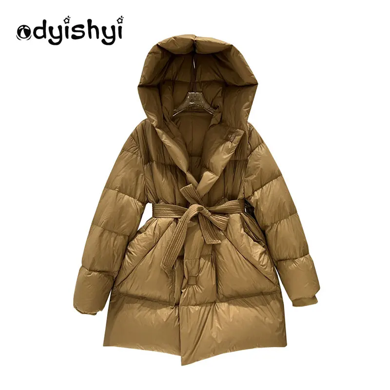 

Mid Long Puffer Jacket Winter Women Coat Parka Hooded Slim Overcoat Thick High Quality 90 White Duck Down Coat Female With Belt