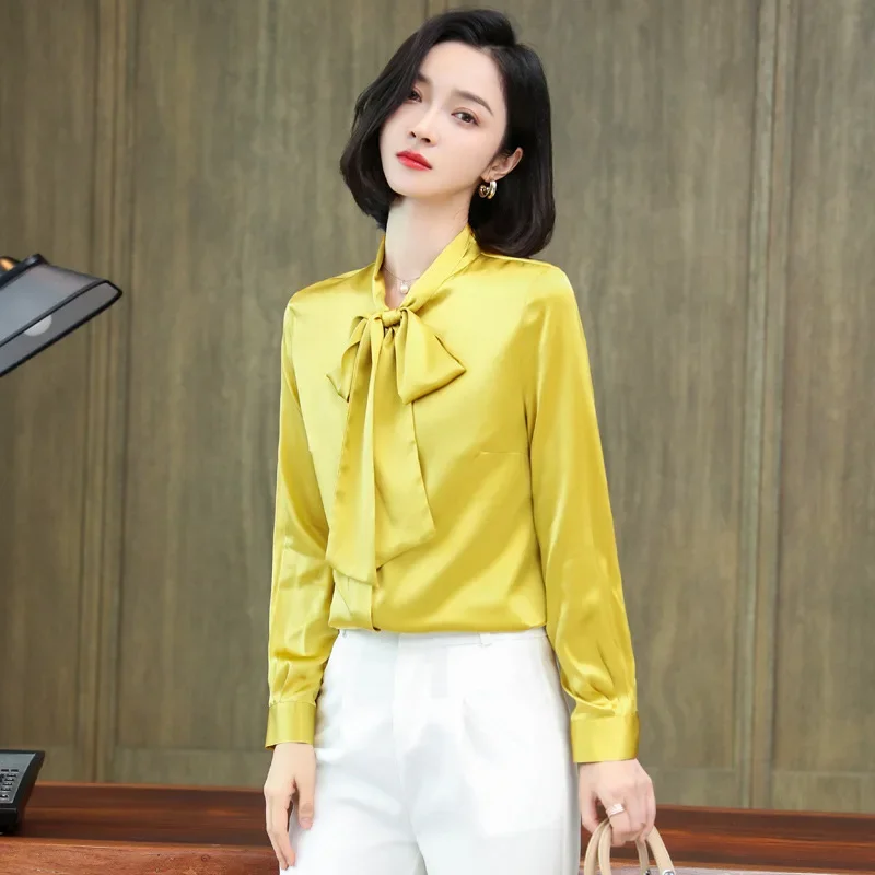 Новая рубашка из натурального шелкового атласа женская блузка шелка с длинными