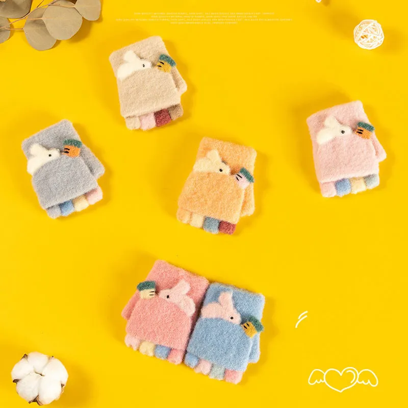 

Wecute Children Half-finger Gloves Autumn and Winter Flip Gloves Cute Cartoon Bunny Snowball Fight Outdoor Soft Knit Baby Gloves