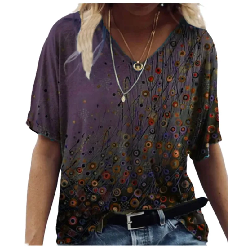 

Fairy Tale Moon Print T-shirt Women 2022 Loose Plus Size V-Neck Casual Short Sleeve Flowers Plants Streetwear Tops