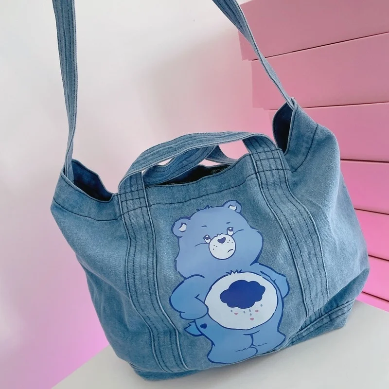 

New Anime Peripheral Rainbow Bear Denim Bag Kawaii Shoulder Bag Large Capacity Storage Handbag Crossbody Bag Couples Girl Gift