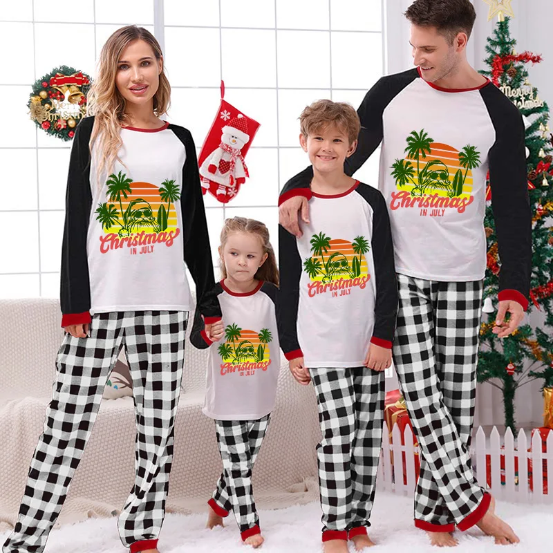 

Christmas Matching Family Pajamas Christams In July Coconut Trees Black and White Plaids Pajamas Sets