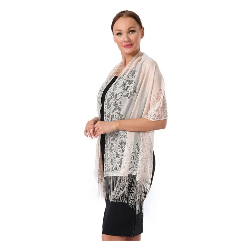 Плащ с кисточкой кружевная шаль полая однотонная свадебная вечерняя накидка для