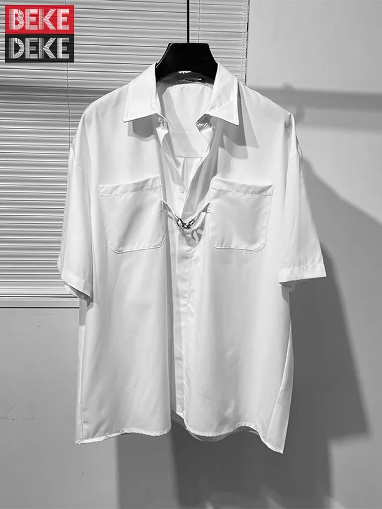 

New Fashion Men Summer Metal Decoration Casual Shirt Loose Fit Dark Series Black Top Single Breasted Short Sleeve Party Shirts