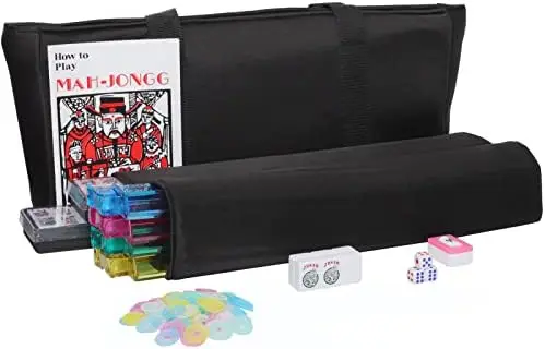 

American Mahjong Game Set, 166 Premium White Tiles, 4 All-in-One Color Rack/Pushers, Complete Mahjongg Set Blue Carrying Bag