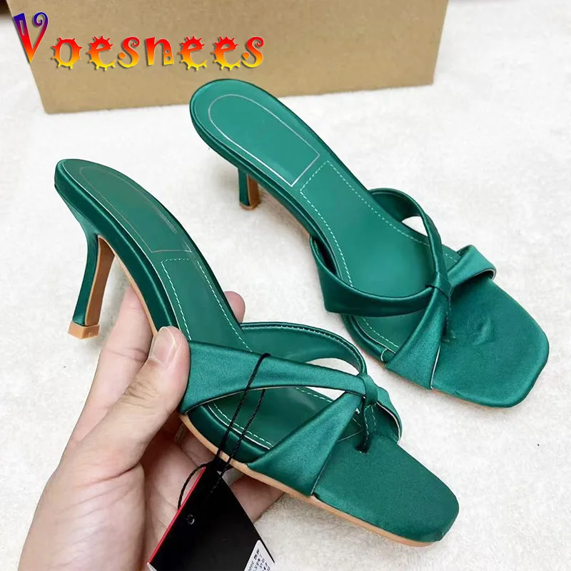 

Шлепанцы женские с клипсой, туфли-лодочки, повседневные сандалии, высокий каблук 5 см, роскошный дизайн, квадратный носок, шелк