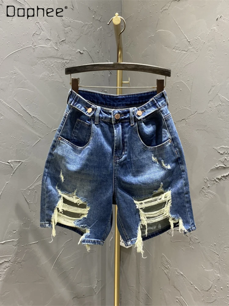 

Woman's Fashion Ins Ripped Half Jeans Streetwear 2022 Summer New Frayed Dark Blue Straight Wide Leg Fifth Denim Cropped Pants