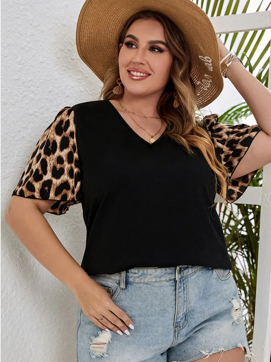 Plus Size 4XL Blouses Women Summer 2023 Leopard Black Patchwork Tops Short Sleeve V Neck Elegant Casual Cotton Ladies T Shirt
