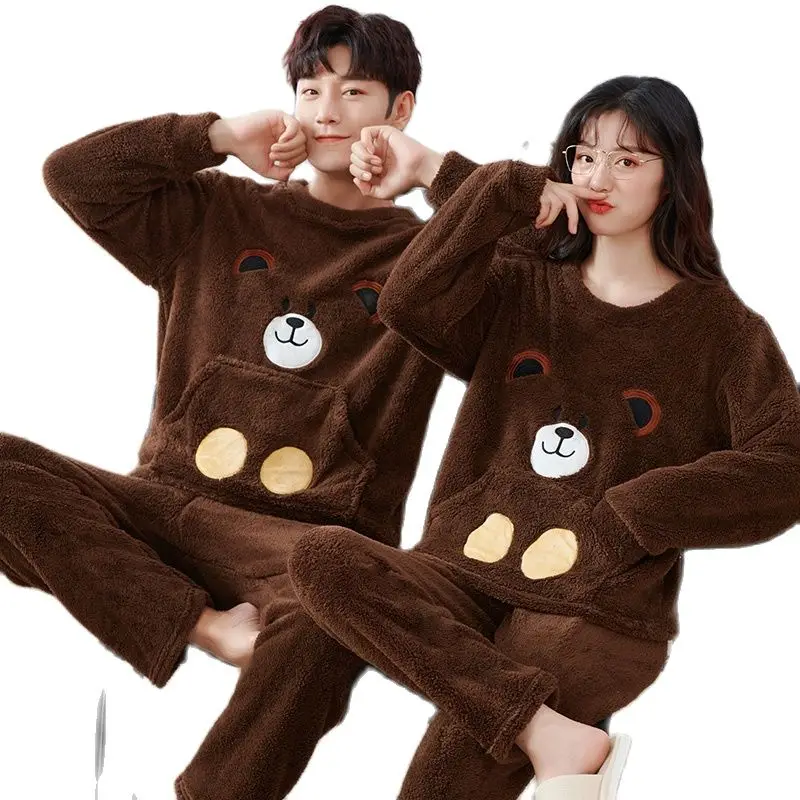 Autumn Winter Couple Pyjamas Flannel Pajamas Set Men Women Cute Cartoon Sleepwear Pijamas Mujer Warm Home Clothing