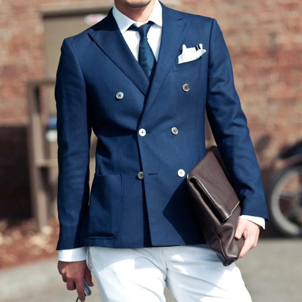 

Navy Blue Double Breasted 2 Pcs Slim Men Suit White Pants Groom Wedding Tuxedo Prom Wedding Business Men Suit (Jacket+Pants)