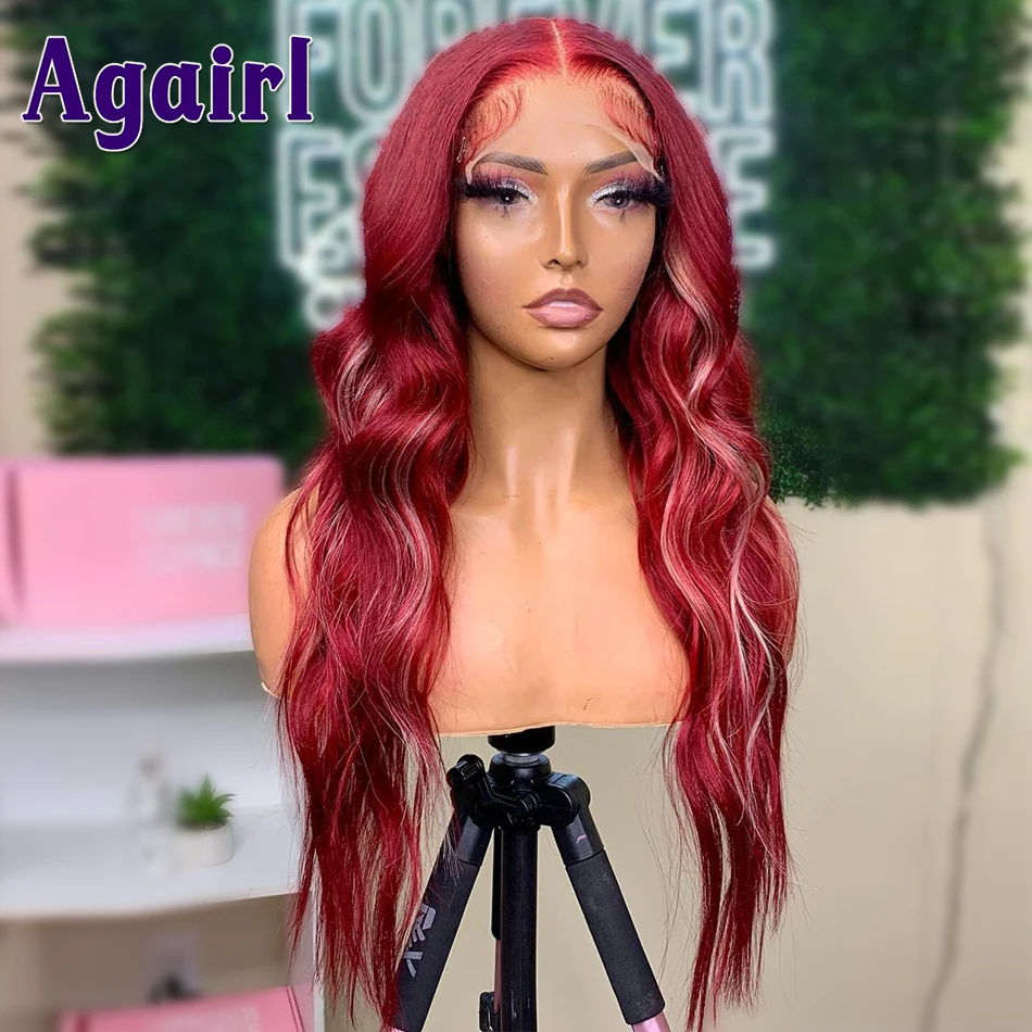 Grey with Red Highlight Wig 13X4 Human Hair Body Wave Lace Front Wig 13X6 Full Lace Frontal Wig Transparent Lace 5X5 Closure Wig