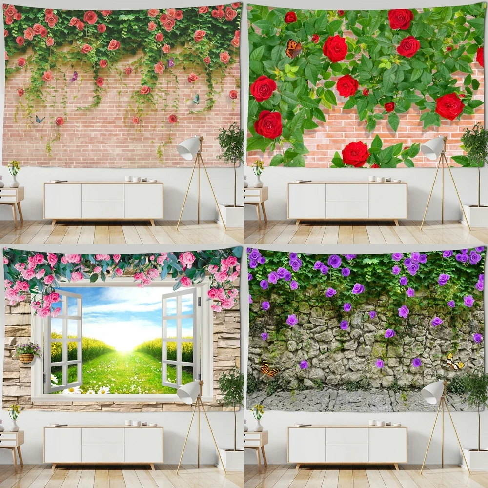 Настенный гобелен с цветами на каменной стене настенный большого размера