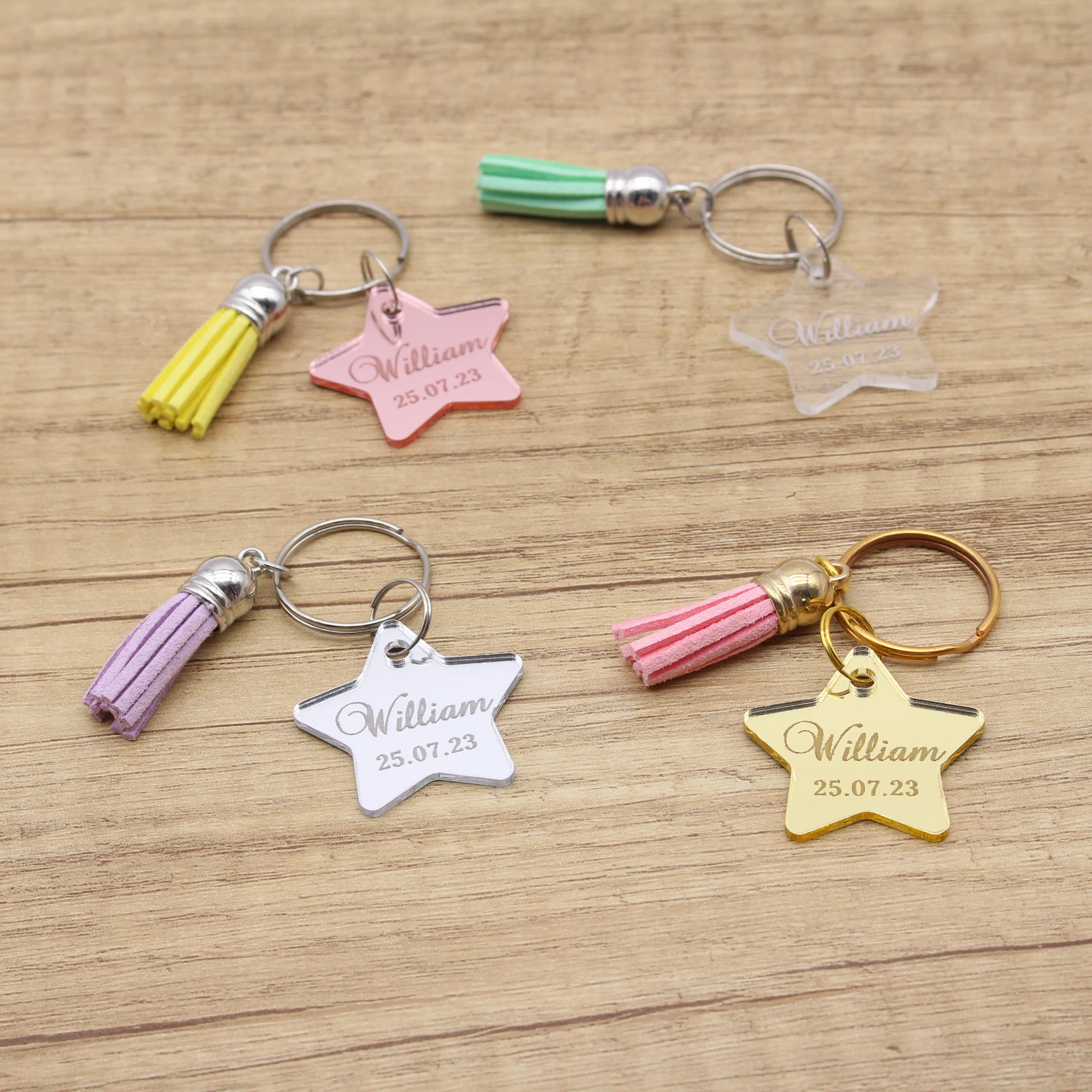 

30 Personalized Key Chains Engraved Name Star Shape Key Ring With Tassel Pentacle Decor Wedding Birthday Gift Anniversary Favors