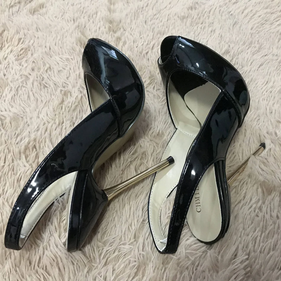 Women Stiletto Thin Iron High Heel Sandals Sexy Sling Back Peep Toe Black Patent Party Bridal Ball Lady Shoe 3845-g