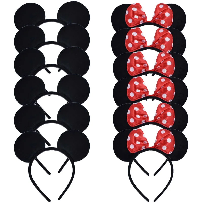 12pcs Disney Mickey Minnie Ears Black Red Pink Headbands Hallowee Birthday Party Decorations Favors Kids Mom Hair Accessories