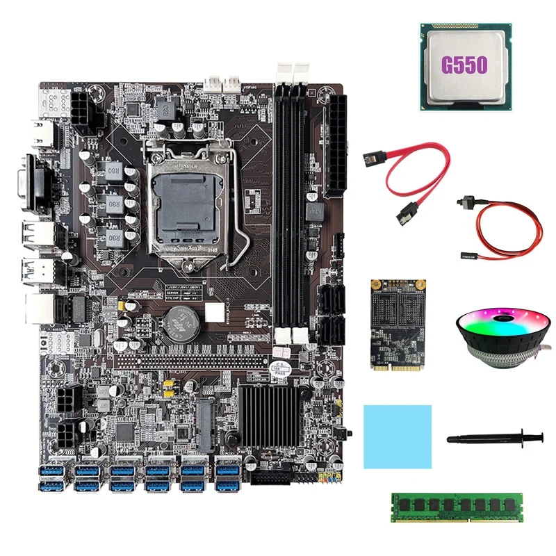 

Материнская плата B75 ETH для майнинга, 12xusb + G550 CPU + DDR3 4 Гб RAM + 128G SSD + RGB Fan + SATA кабель + коммутационный кабель LGA1155 материнская плата