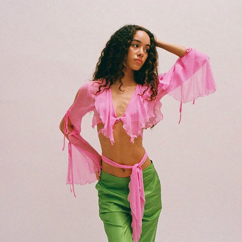 

Модный женский укороченный топ, привлекательный сетчатый прозрачный топ, летний бандажный кардиган с глубоким V-образным вырезом, облегающ...