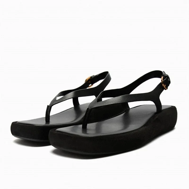 

2023 TRAF Woman Black Flatform Sandals Casual Soft Flip-flops Slingbacks Flats Vintage Round Toe Leather Beach Slipper Female