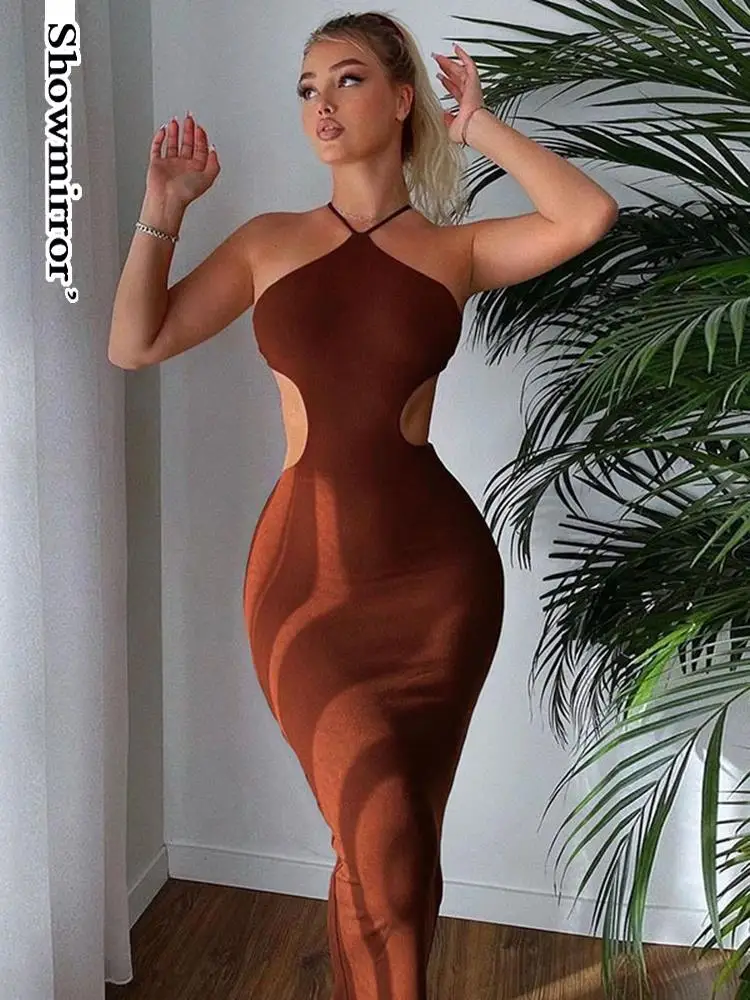 

Showmirror 2022 Summer Halter Maxi Dress for Women Elegant Sexy Sleeveless Backless Club Party Cutout Bandage Dresses Clo