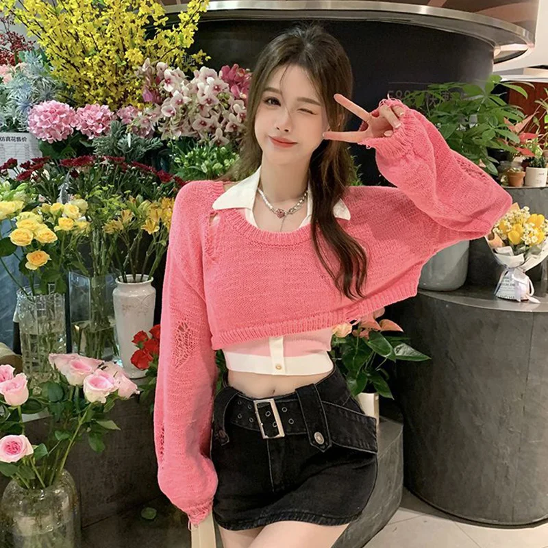 

Y2K Vintage Cropped Sweater Women Solid Punk Ripped Hollow Out O Neck Long Sleeve Pullover Casual Preppy Sweet Knitwear Jumpers