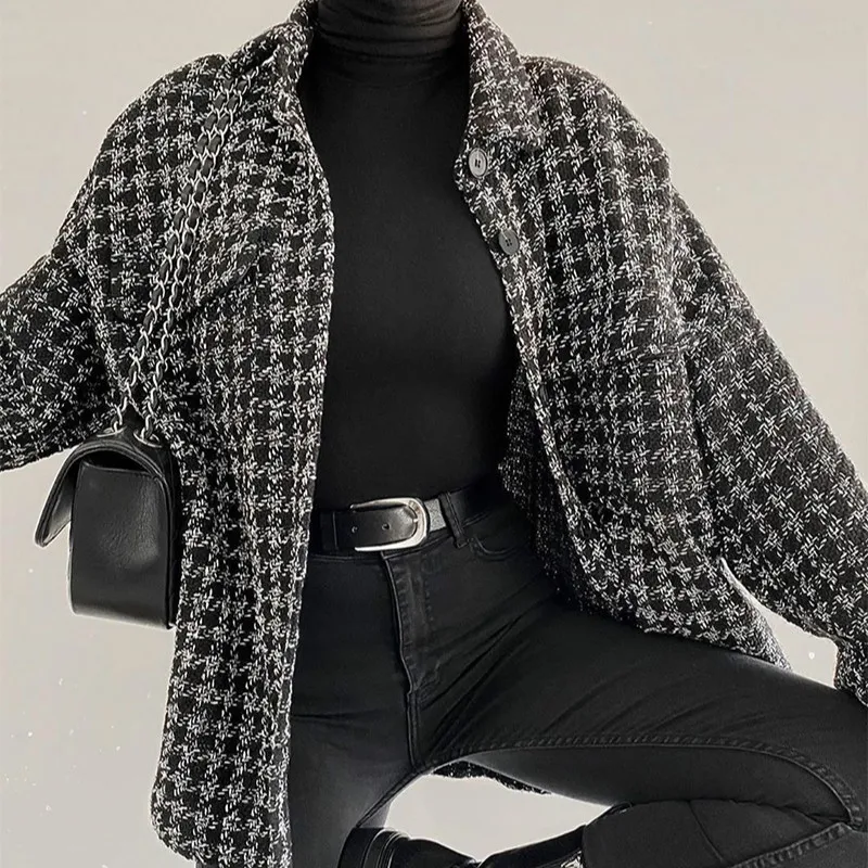 

Women Autumn Plaid Jacket Check Houndstooth Lapel Collar Coat Winter Female New Full Sleeves Single Breasted Outerwear Classic