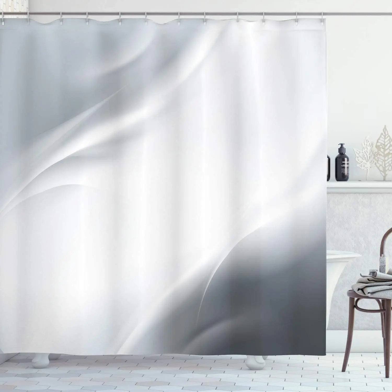 

Grey Shower Curtain, Abstract Framework with Ombre Inspired Design Corners Wavy Lines Modern, Cloth Fabric Bathroom De