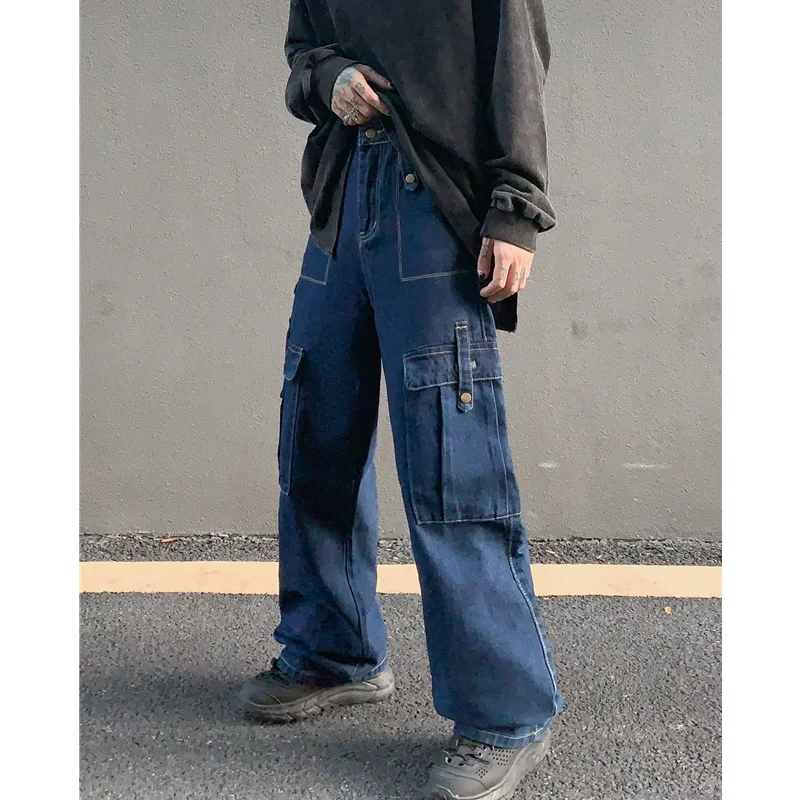Streetwear Men Vintage Loose Blue Jeans 2022 Autumn New Pattern Fashion Multiple Pockets Straight Cylinder Cargo Pants Female